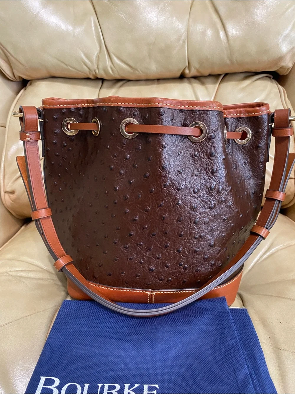 Dooney & Bourke Ostrich Small Drawstring Shoulder Bag Leather Bucket